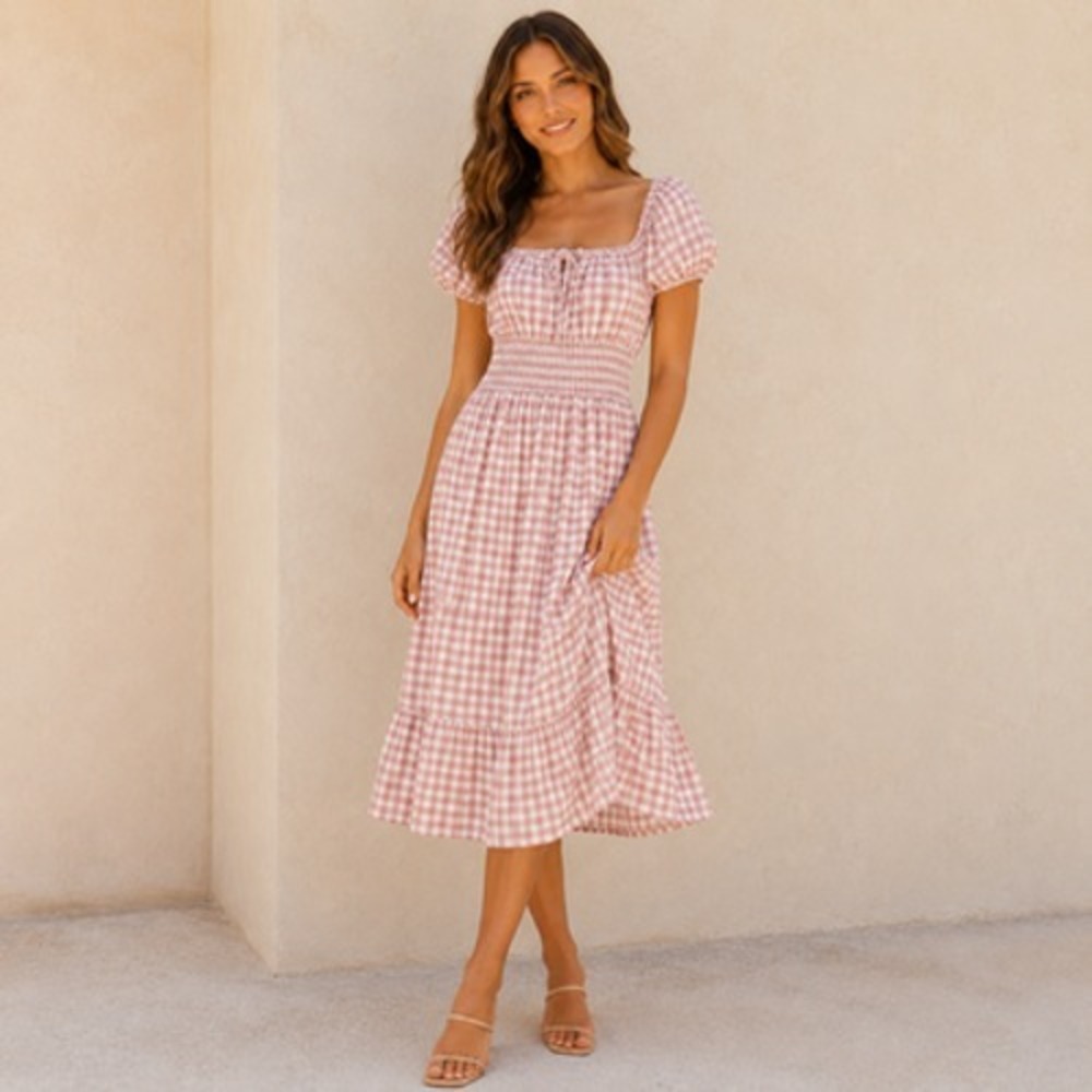 Lark + Grey Maxi Dress Womens PS Milkmaid Gingham Smocked Puff Sleeve Sundress‎